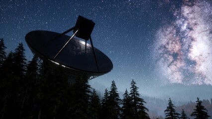 A giant satellite dish stands tall among towering trees, illuminated by the glow of the Milky Way. The night sky is filled with countless stars, creating a stunning cosmic backdrop.