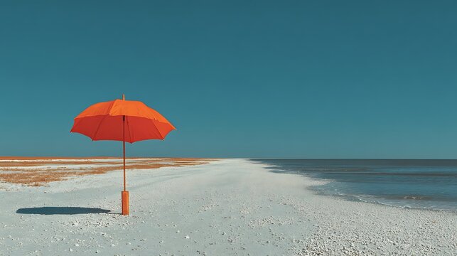 Orange umbrella on a deserted beach with blue sky and ocean Keywords: beach, umbrella, orange