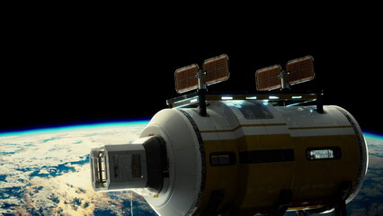 experiment lab made of metal and glass, reminiscent of a spaceship, rotating in orbit around the planet. elements furnished by nasa