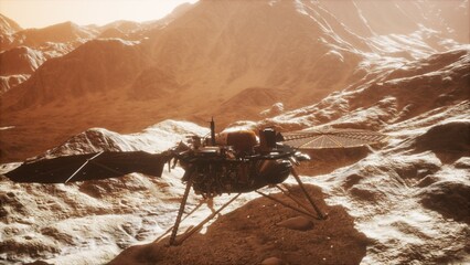 On the red planets rugged terrain, the Insight Mars lander stands resilient. Surrounded by rocky hills, it captures the essence of exploration at twilight, unveiling the mysteries of Mars. © icetray