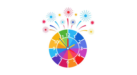 Festive rainbow-colored clock with fireworks celebrating the stroke of midnight.