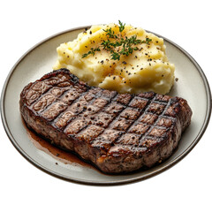 Delicious grilled steak served with creamy mashed potatoes and fresh herbs on a plate perfect for dinner or a restaurant menu presentation on transparent background