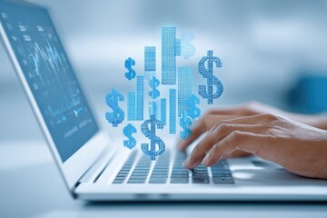 Person types on a laptop with digital financial graphs
