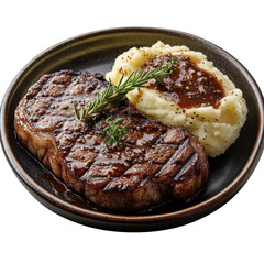 Delicious grilled steak served with creamy mashed potatoes and rich gravy garnished with fresh rosemary and thyme on a dark plate for dinner on transparent background