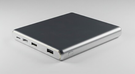 A sleek silver-edged portable electronic charging device with a dark gray top featuring multiple input and output ports and a side button rests on a light background