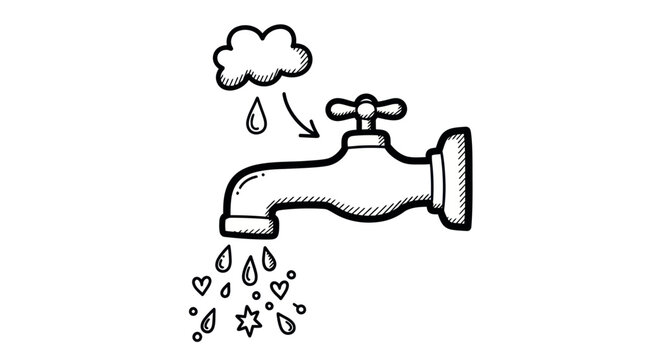 Hand-drawn illustration of a water tap with rain and falling hearts.