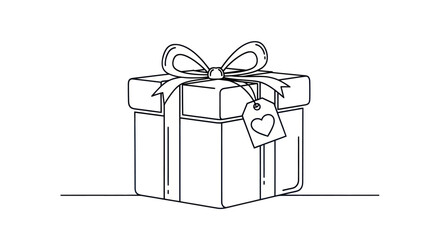 Simple Line Art Gift Box with Ribbon and Tag.