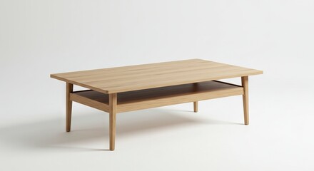 A sleek light-colored wooden table with a top surface and a lower storage shelf supported by four tapered legs is presented on a white backdrop
