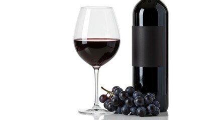 Fototapeta premium A stemware glass with red liquid a dark bottle featuring a blank label and a cluster of dark grapes are set on a reflective white surface