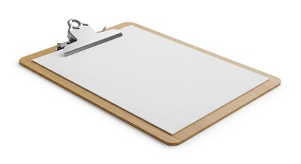 A wooden clipboard with a blank white paper sheet secured by a metal clip angled on a white background with subtle shadows