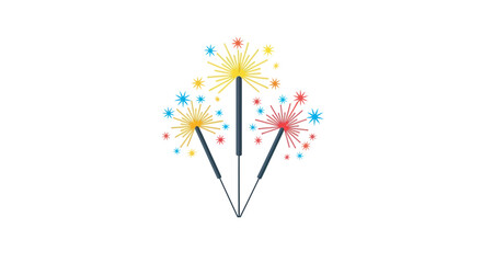 Three festive burning sparklers with vibrant, colorful yellow, red, and blue sparks.