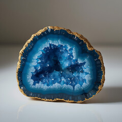A blue agate geode characterized by its internal crystalline structures and accented with gold.