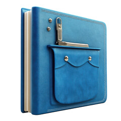 Blue leather organizer with pocket and metal clip perfect for office supplies notes and documents ideal for students professionals and creatives on transparent background