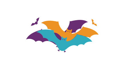Colorful Group of Stylized Bats in Flight, Halloween Theme.