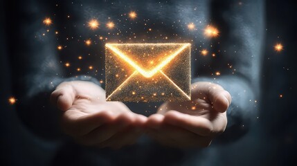 Glowing email envelope held in cupped hands with sparkling particles on a dark background effect