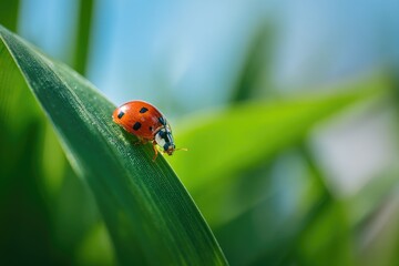 Fototapeta premium Ladybug on vibrant green leaf, sunny day