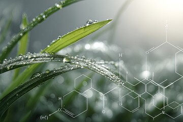 Dew-kissed grass blades with overlaid scientific diagrams