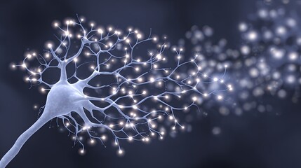 Detailed illustration of a neuron with glowing synapses and dendrites, representing the human brains neural network and the process of thought and learning.