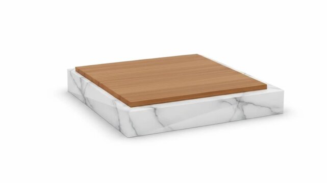 Square wooden platform atop a square marble base on a white ground