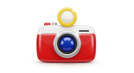 Red and White Cartoon Camera with Flash and Lens.