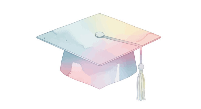 A beautiful watercolor illustration of a pastel rainbow graduation cap with a tassel.