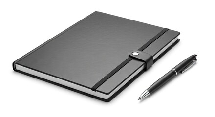 Dark gray journal with elastic closure and snap fastener accompanied by a matching pen all set on a white background