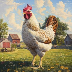 Rooster in a sunlit pasture