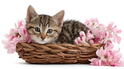 Fototapeta na wymiar Cute little kitten sitting in basket with beautiful pink flowers. Sweet dreams