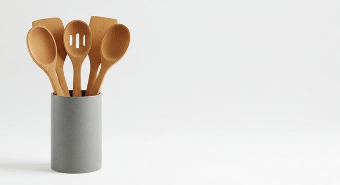 Five wooden kitchen utensils including spoons and spatulas are neatly arranged in a gray cylindrical holder against a clean white background