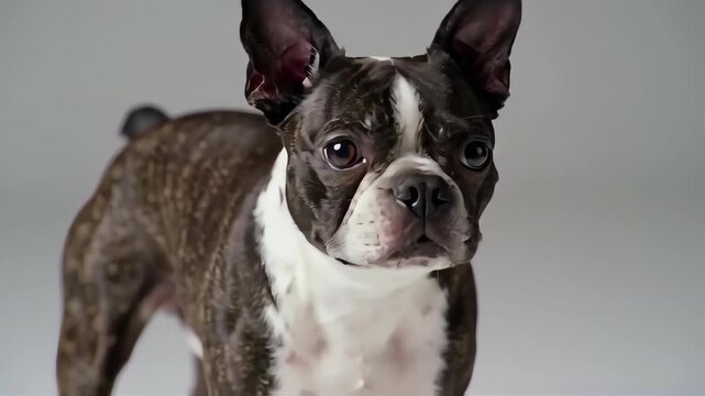 Brindle Boston Terrier Portrait with a White Mark and Light Gray Background