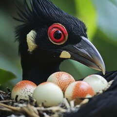 Close-up of a black bird with red eyes, tending eggs in a nest
