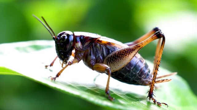 Close Up of Brown Cricket on Green Leaf in Detail Macro Photography
