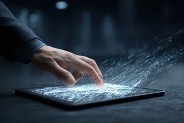 Close-up of hand touching tablet screen with glowing data streams