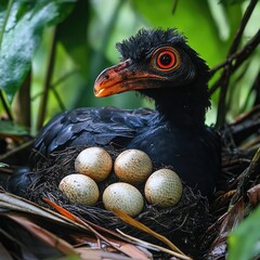 Bird with bright eyes, nestled in a nest with eggs