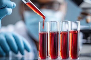 A scientist in protective gear drips blood sample into test tubes