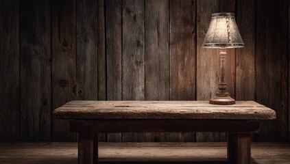 Fototapeta premium Rustic wooden table lamp in a dimly lit cabin