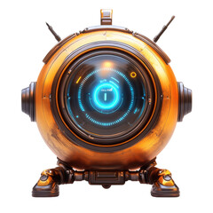 Futuristic robot with a glowing blue screen and metallic orange body stands against a showcasing advanced technology and design aesthetics on transparent background