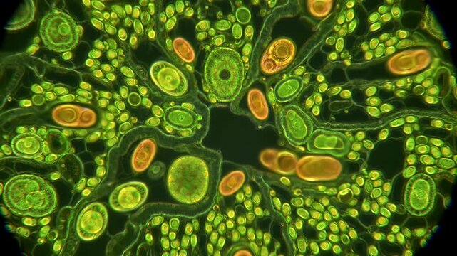 Microscopic view of green and orange cells with abstract cell structures, vibrant colorful microscope biology background image.