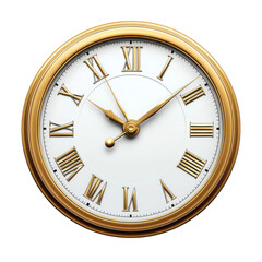 Elegant gold clock with roman numerals displays the time on a white face against a perfect for time management visuals on transparent background