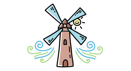 Cartoon Windmill with Rotating Blades and Smiling Sun.