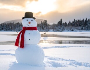 Obraz premium Snowman by a frozen lake at sunrise