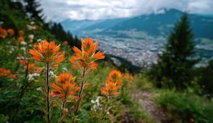 Obraz premium Mountain flowers, city view