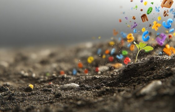 A tiny green sprout emerges from dark soil, surrounded by colorful, scattered letters falling from above