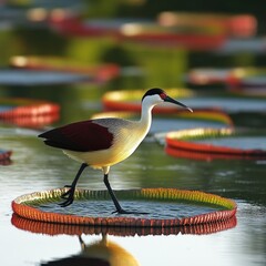 A wading bird on a giant water lily pad