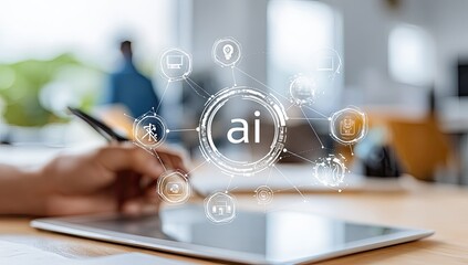 Hands writing on tablet, AI network graphic overlaid