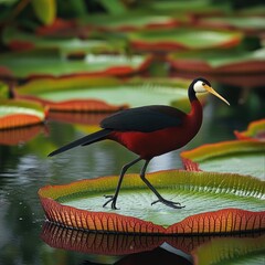 Red bird walks on giant water lily pad