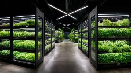 Indoor hydroponic farm, rows of plants