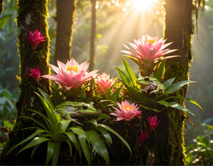 Vibrant Bromeliads And Green Frogs