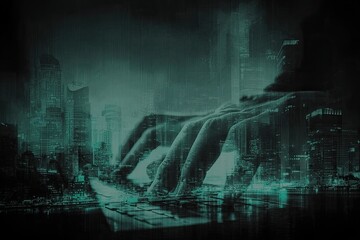 A hand-like figure, overlaid with a city skyline, appears to work on a device in a dark, rainy setting