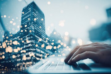 Close-up of hands typing on a laptop, blurred city backdrop